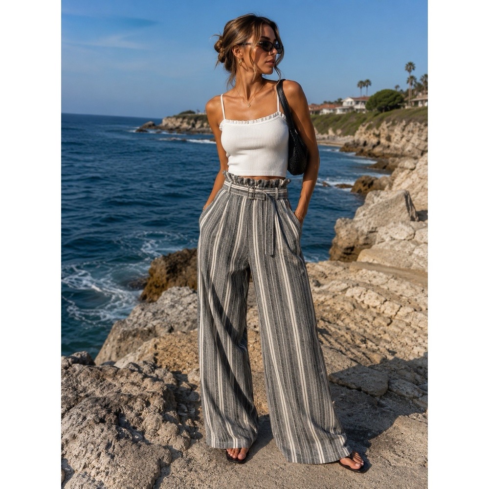 Y2K Banana Republic Wide Leg Pants 2 Linen Blend Paperbag Waist Coastal UU33